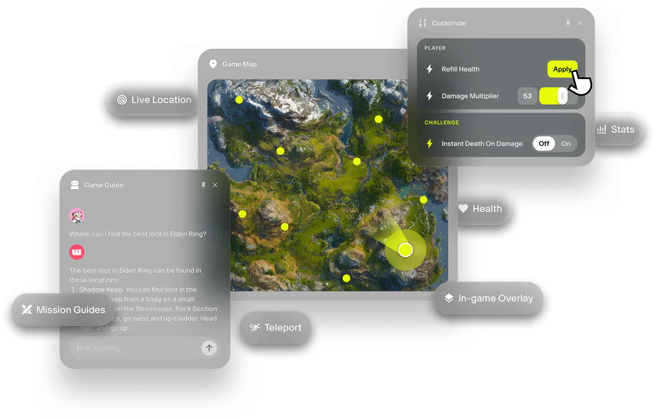 Showcase of various wand features including maps, mod controls, and guides for games