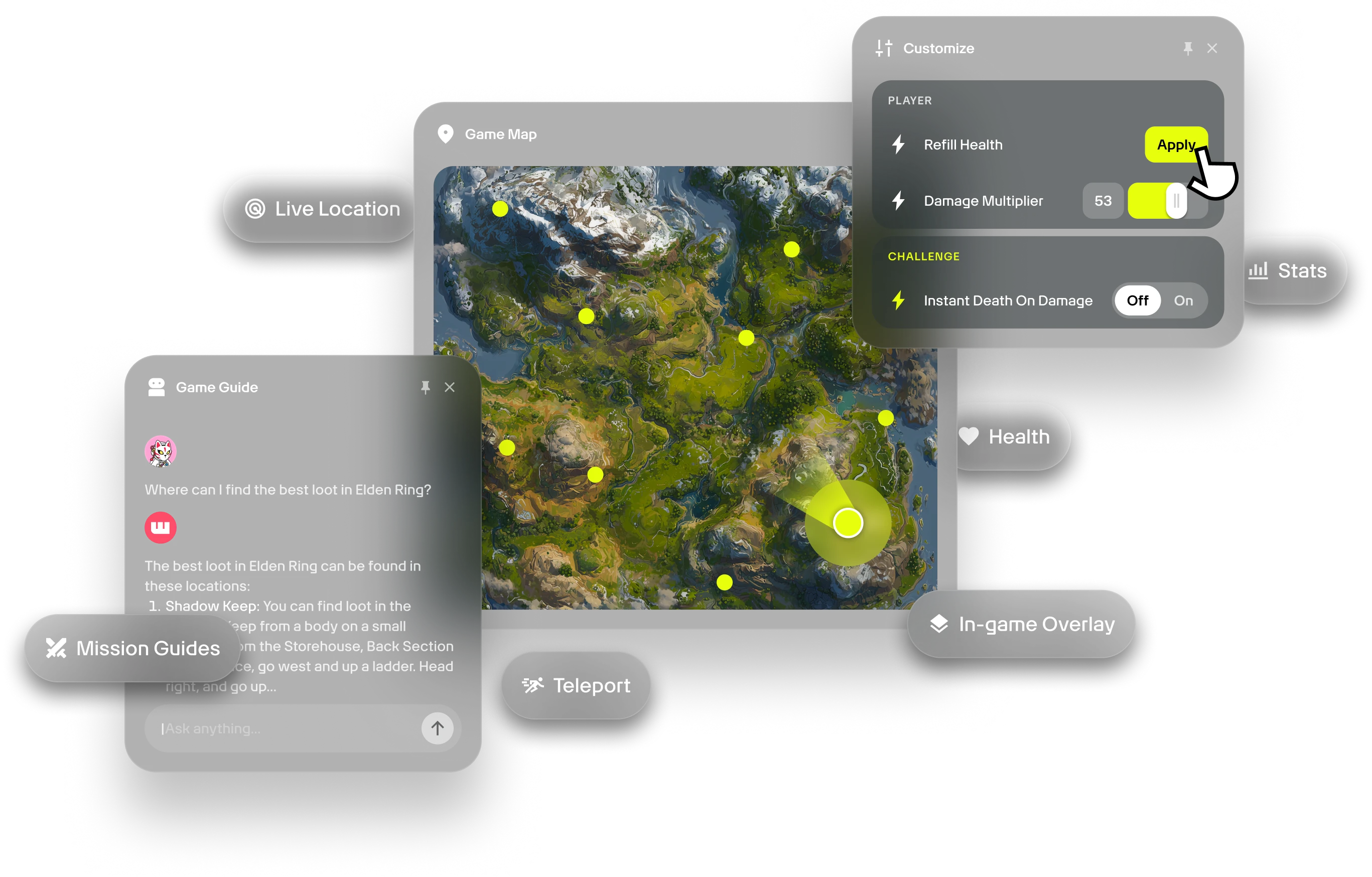 Showcase of various wand features including maps, mod controls, and guides for games